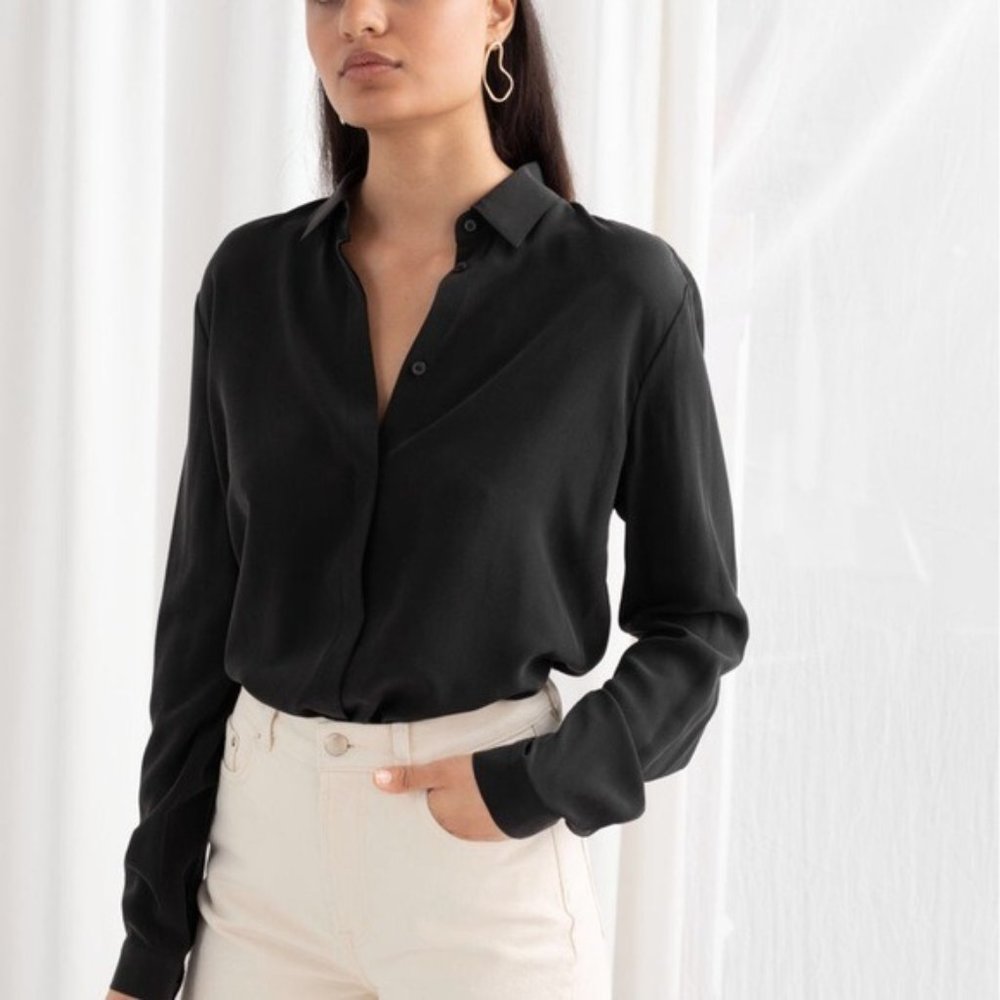 NWT & Other Stories Black Straight Fit Silk Button Down Shirt US 0